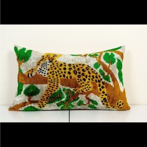Ikat Silk Velvet Leopard Tiger Print Accent Pillow Cover Green and Gold